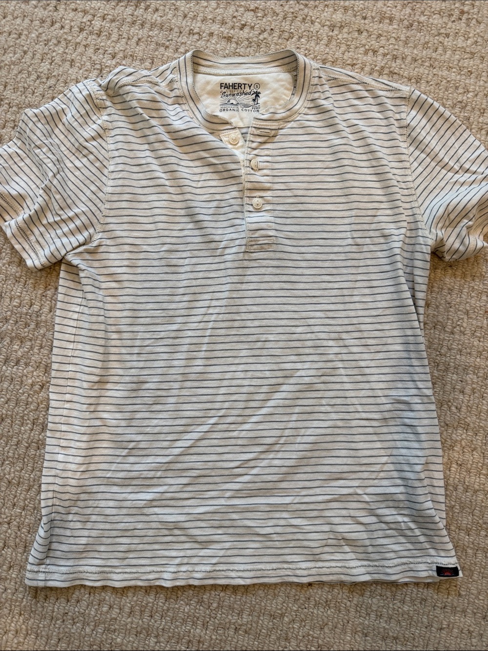 Faherty Off-White Short Sleeve Henley with Thin Gray Stripes